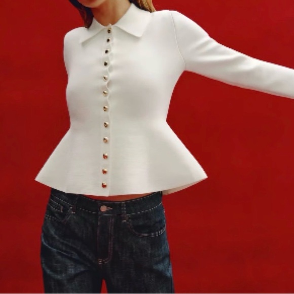 Zara Gold Button White Peplum Cardigan — Size M - NWOT - Picture 6 of 10